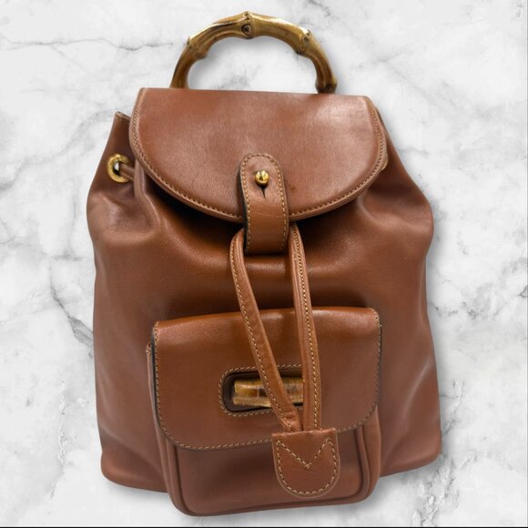 Gucci Brown Leather Bamboo Backpack - Picture 1 of 7